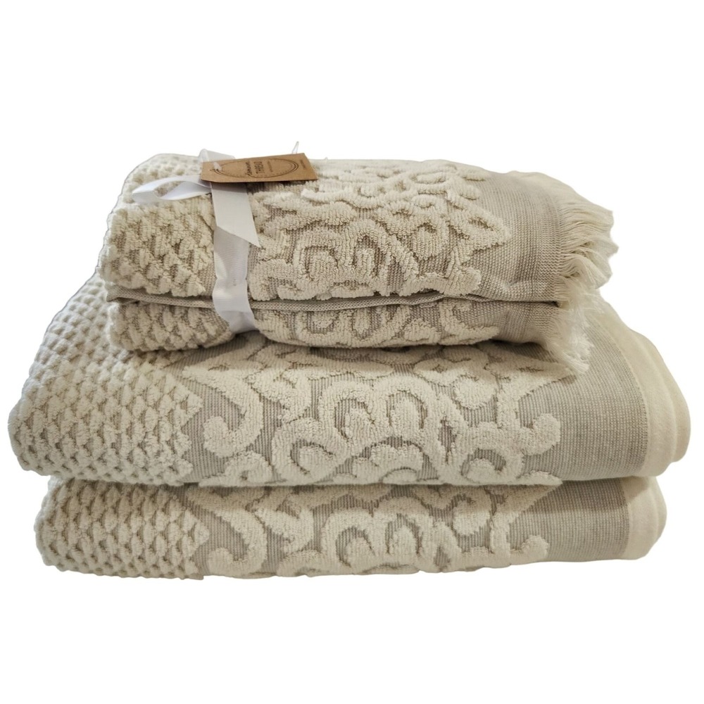 Common Thread 4pc Plush Damask Cotton Towel Set Beige And Tan 2 Bath And 2 Hand